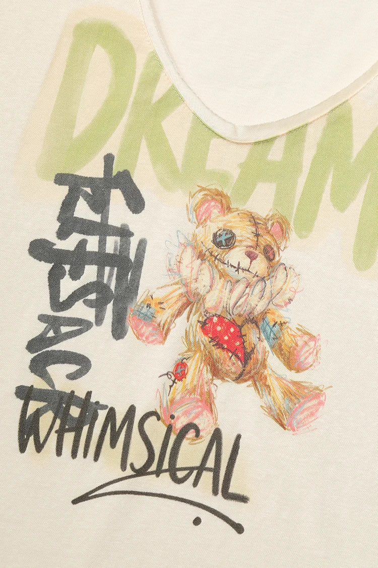 Women's V-Neck Casual T-Shirt with Graffiti Stitch Teddy Bear Graphic Print, Short Sleeve Regular Soft Tee for Summer
