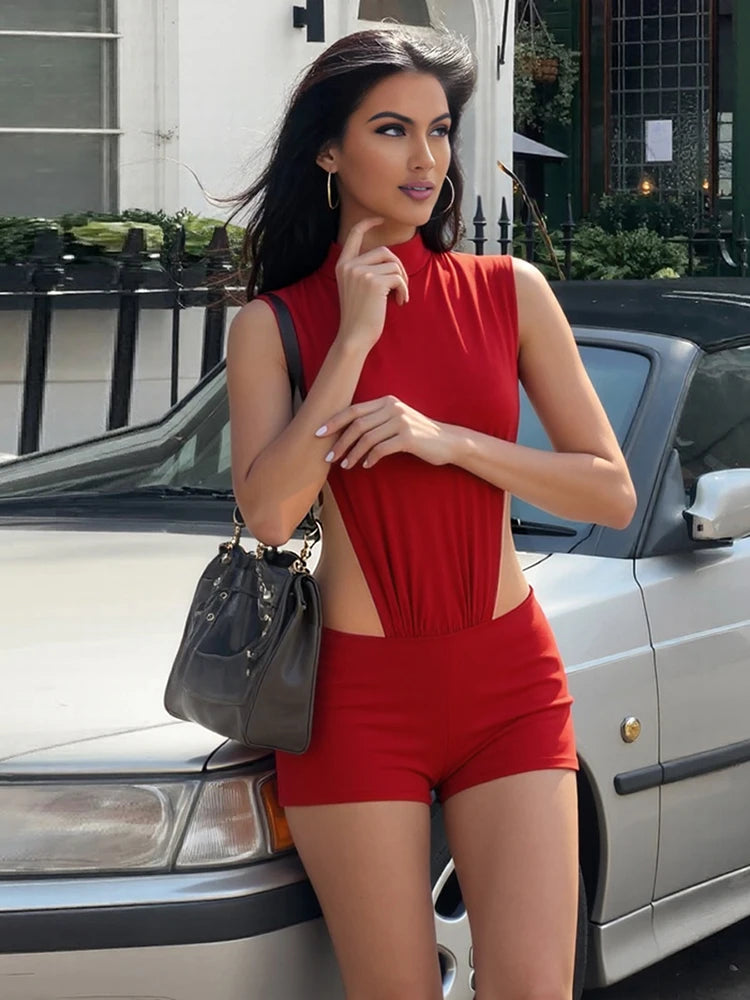 Street Side Split Romper Women Coquette Sleeveless Hipster Sexy Ruched Shoulder Solid Stretch Midnight Clubwear Playsuit