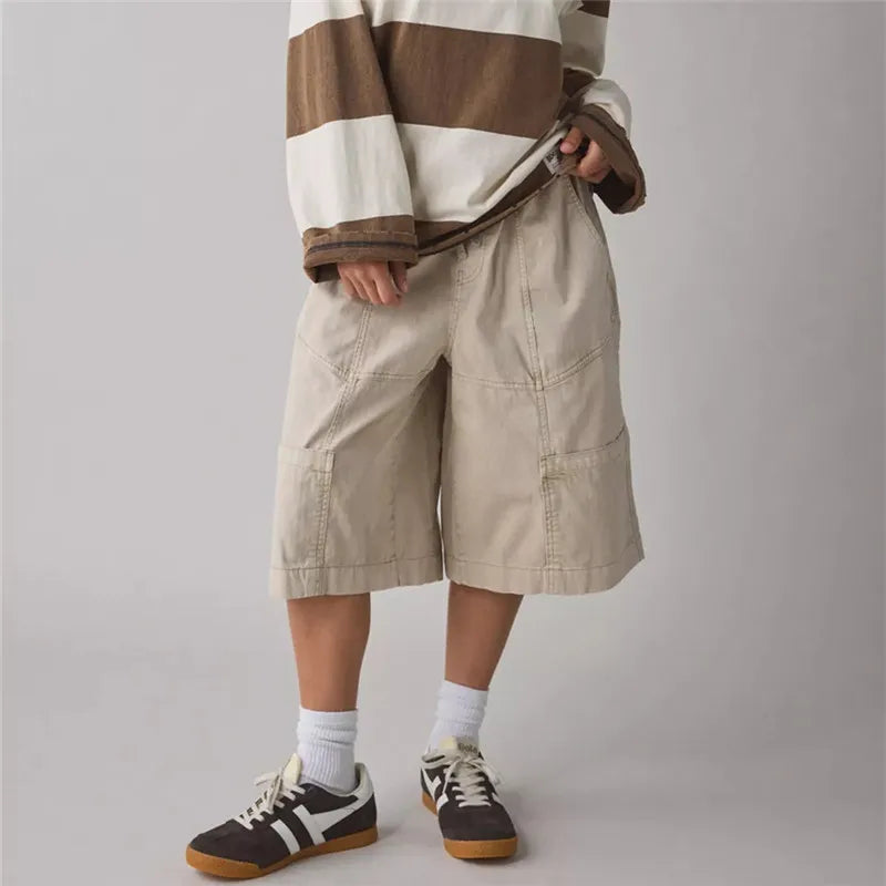 Cargo Bermuda Shorts Women Drawstring Elastic Waist Multi Pocket Loose Wide Leg Jort Y2K Street Casual Capri Bottoms