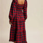 Women Christmas Tartan Plaid Tiered Maxi Dress Square Neck Lace Trim Bow Long Puff Sleeve Smocked Back Ruffle Hem Dress