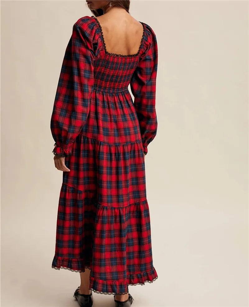 Women Christmas Tartan Plaid Tiered Maxi Dress Square Neck Lace Trim Bow Long Puff Sleeve Smocked Back Ruffle Hem Dress
