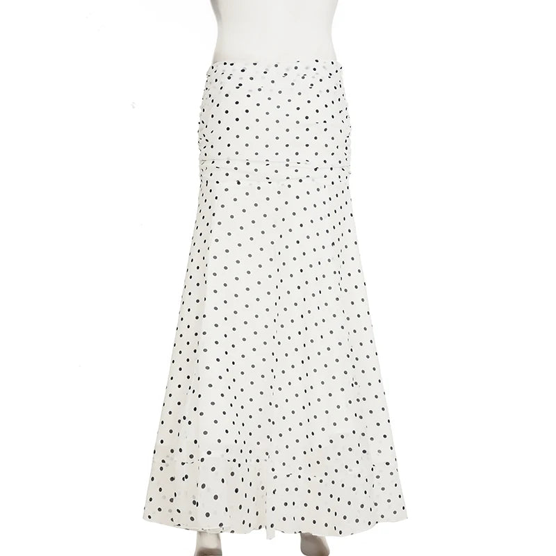 Polka Dot Floor-length Chiffon Skirt French Style Ruffled Mesh A-line Skirts Elegant Maxi Bottoms High Waist Streetwear