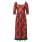 Women Christmas Holiday Tartan Plaid Long Dress Square Neck 3/4 Puff Sleeve Smocked Back Ruffle Hem Flowy Midi Dress