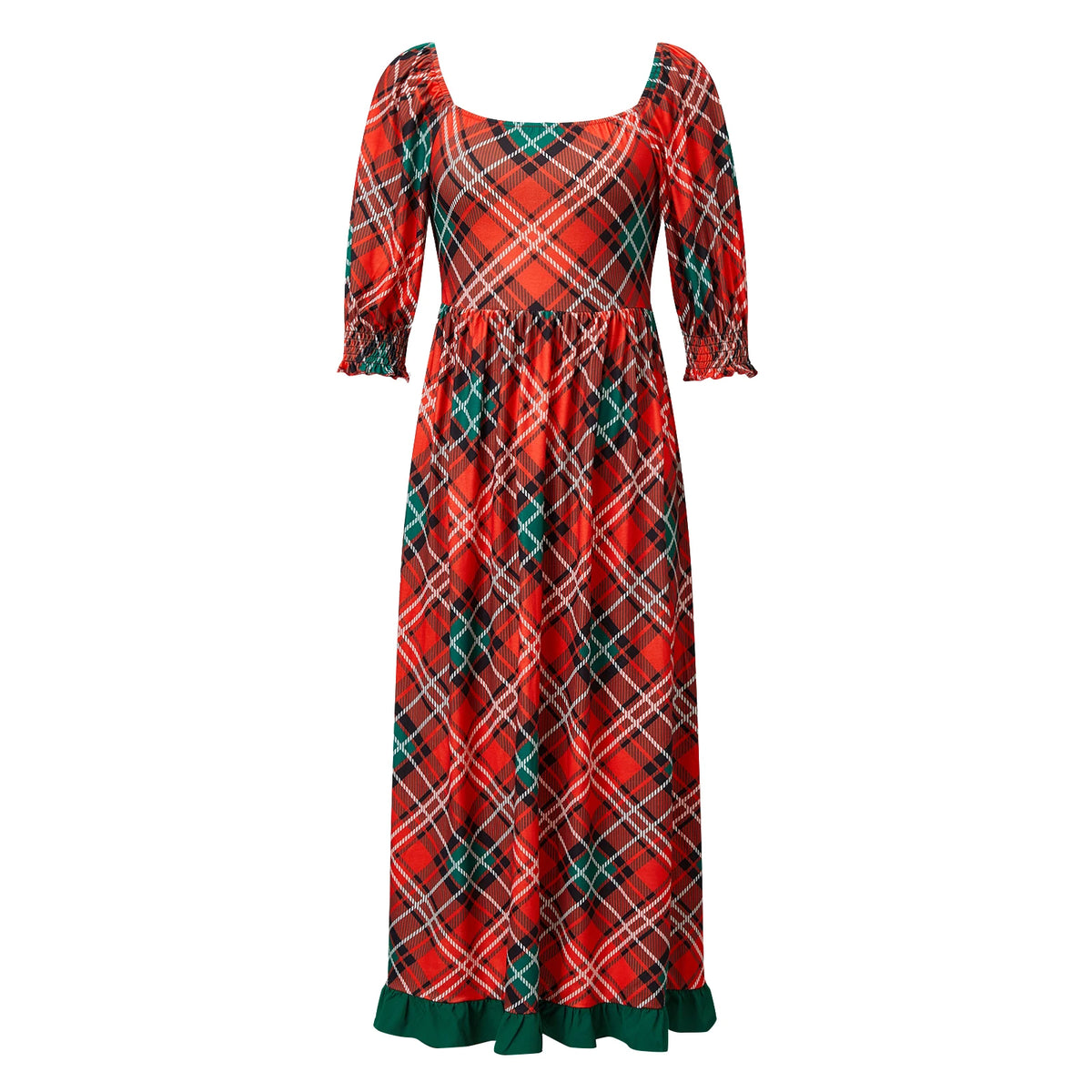 Women Christmas Holiday Tartan Plaid Long Dress Square Neck 3/4 Puff Sleeve Smocked Back Ruffle Hem Flowy Midi Dress
