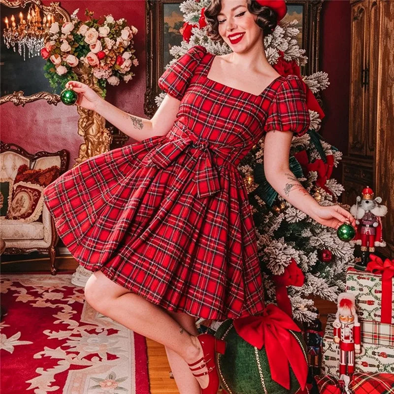 Ladies Retro Plaid Christmas Dress Square Neck Puff Short Sleeve Bow Waist A Line Swing Holiday Party Mini Dress