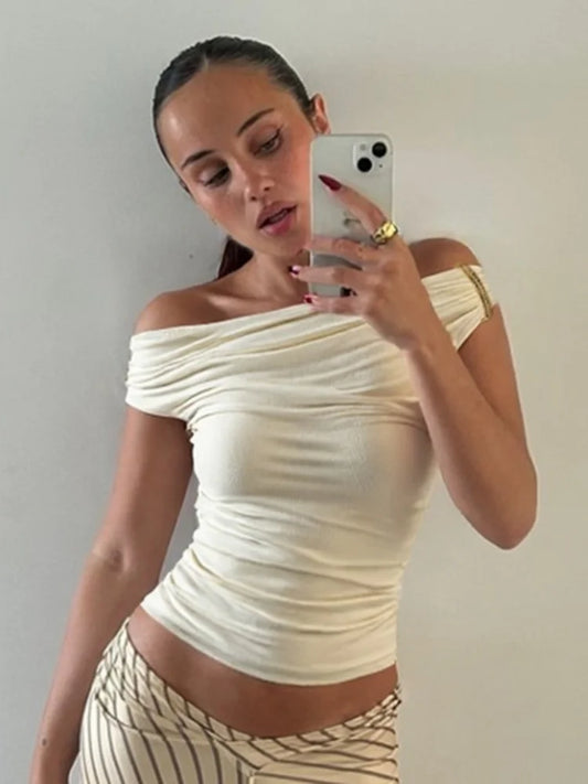 Hardwear Detail Off Shoulder Crop Tops Fashion 2025 Summer Clothes for Women Sexy Tight Fitted T Shirts