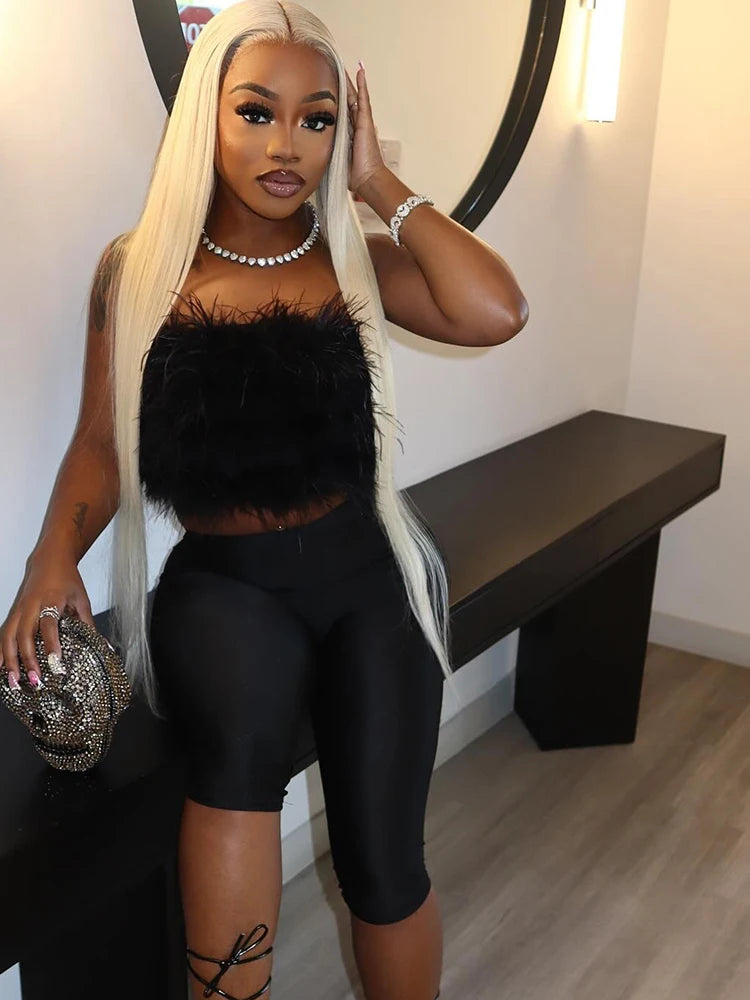 Furry Women 2 Piece Set Women Hipster Feather Strapless Tops+Bike Shorts Matching Hipster Summer Midnight Clubwear