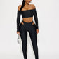 Tight Women 2 Piece Set Slash Neck Crop Tops+High-Waist Hollow Leggings Matching Streetwear Casual Sporty Outfits