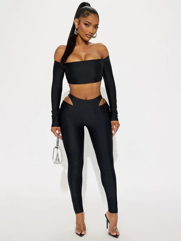 Tight Women 2 Piece Set Slash Neck Crop Tops+High-Waist Hollow Leggings Matching Streetwear Casual Sporty Outfits
