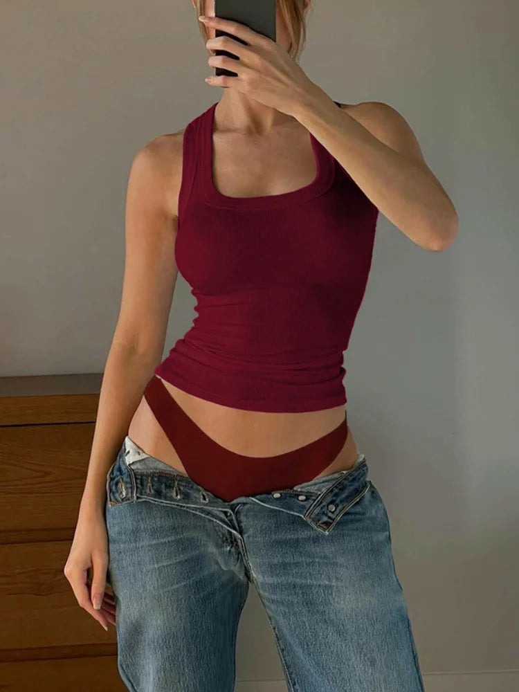 Racerback Tank Top Tight Fitted Solid Color Ribbed Sleeveless Crop Tops Fashion Summer Clothes for Woman 2025