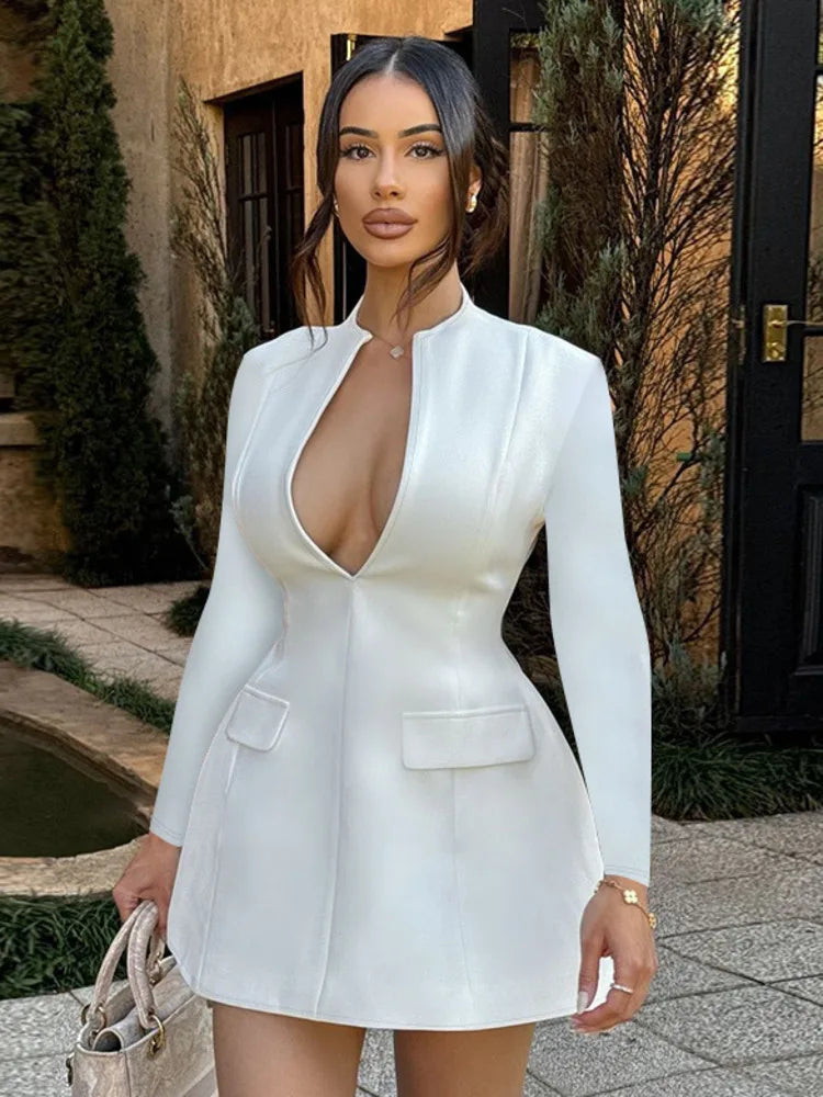Autumn Long Sleeve Sexy Mini Dress For Women Solid Zipper Deep V Neck Two Pocket High Waist A-line Dress Femme Clothes