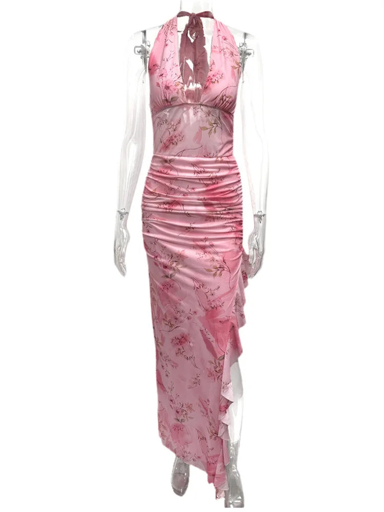 Flower Print Maxi Dress Women Bandage Halter Low-Neck Sexy Backless Ruffles Split Hem Vacation Trend Elegant Vestidos