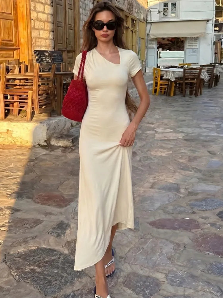 Asymmetrical Cutout sexy Midi Dress Women Short Sleeve Diagonal Neck Ruched Waist Irregular Hem Bodycon Long Dress