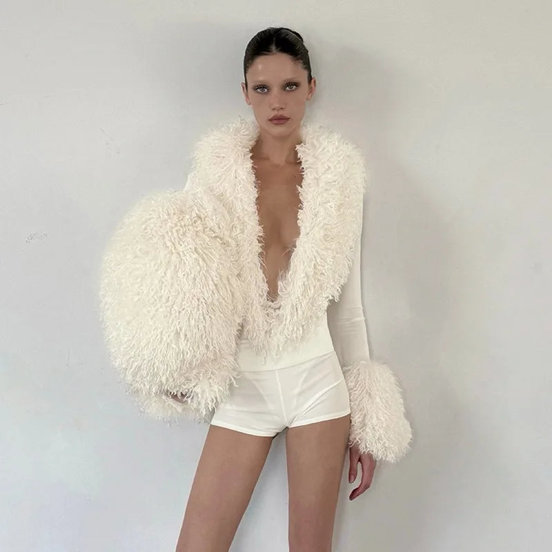 Faux-fur Collar Deep V Neck Long Sleeve Bodysuits & One Pieces Bodycon Top Women' S Clothing Winter 2026