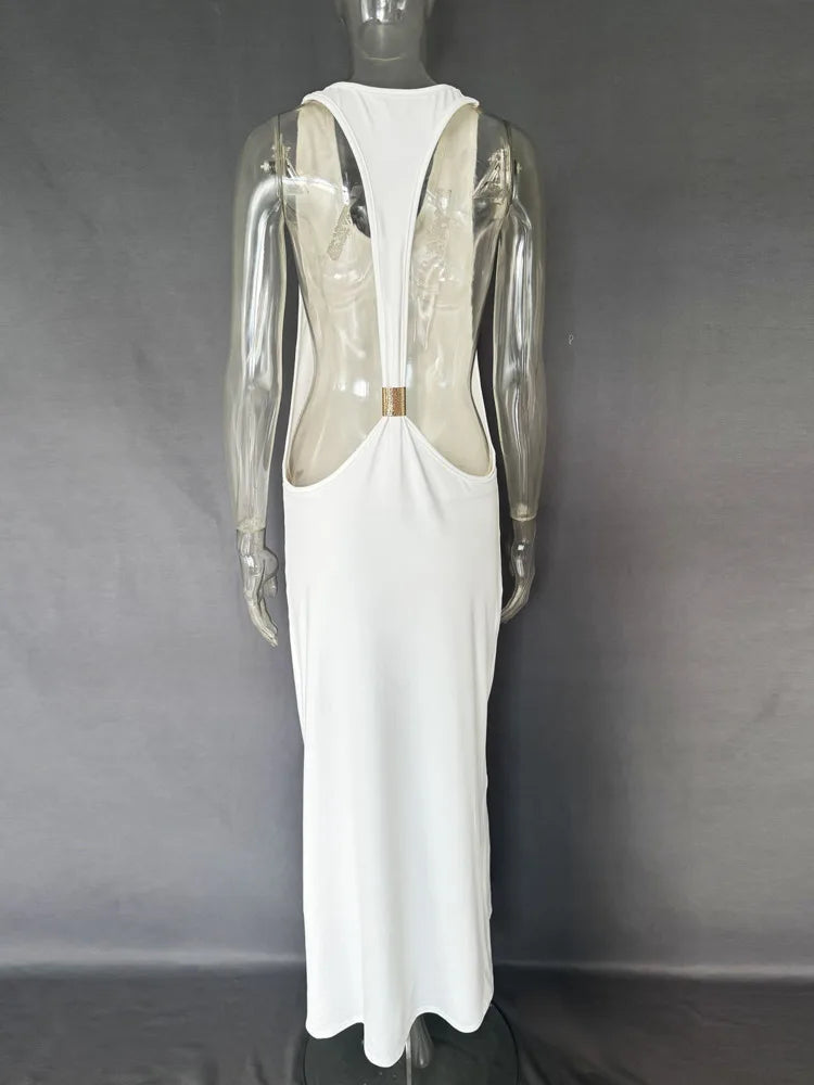 Halter Open Back Mermaid Sexy Maxi Dress Women Metal Buckle Bodycon Sleeveless Backless Evening Club Party Long Dress