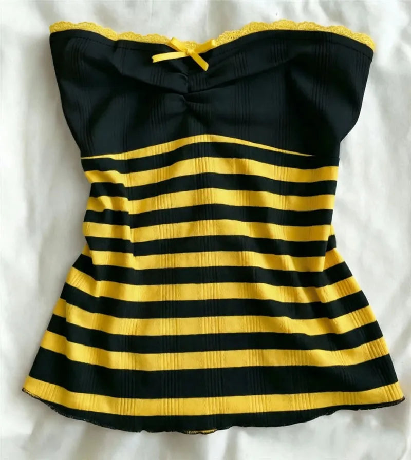 Y2K Women Strapless Tube Top Lace Trim Front Bow Ruched Design Striped Polka Dot Slim Flared Hem Summer Casual Tank Top
