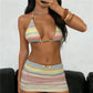 Women Two Piece Skirt Set Y2K Striped Ribbed Halter Triangle Top Mini Bodycon Wrap Skirt Y2K Summer Beach Bathing Suit