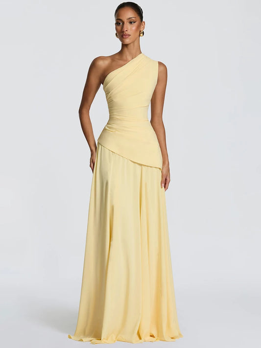 Women One Shoulder Sexy Maxi Dress Elegant Diagonal Collar Sleeveless Backless Ruched Waist Bodycon Club Party Dresses