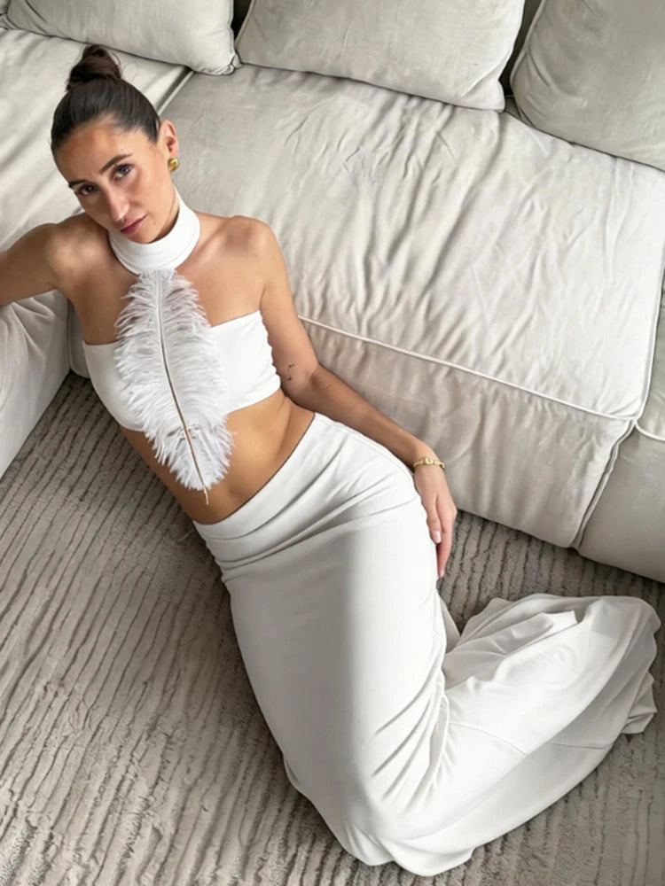 Elegant 2 Piece Set Women Trend Feather Patchwork Backless Halter Bandages Tank Top+Simple Skirts Fashion Party Suit