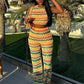 Crochet Stripe 2 Piece Set Women o-Neck Sleeveless Crop Tops+Straight Pants Street Fashion Y2K Style Elegant Outfits