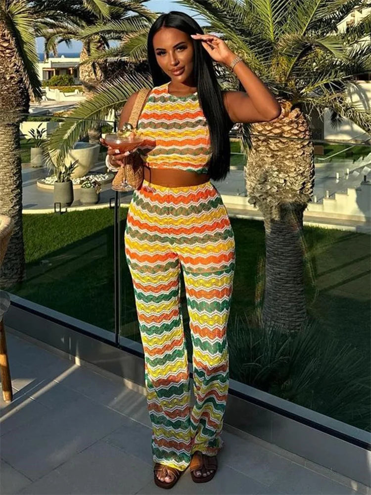 Crochet Stripe 2 Piece Set Women o-Neck Sleeveless Crop Tops+Straight Pants Street Fashion Y2K Style Elegant Outfits