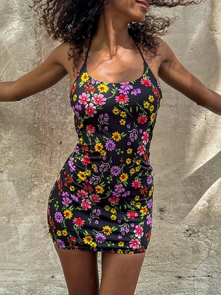 Colorful Floral Print Dress Women Low-Neck Cross Backless Sleeveless Skinny Sexy Fashion Beach Party Summer Mini Bodycon