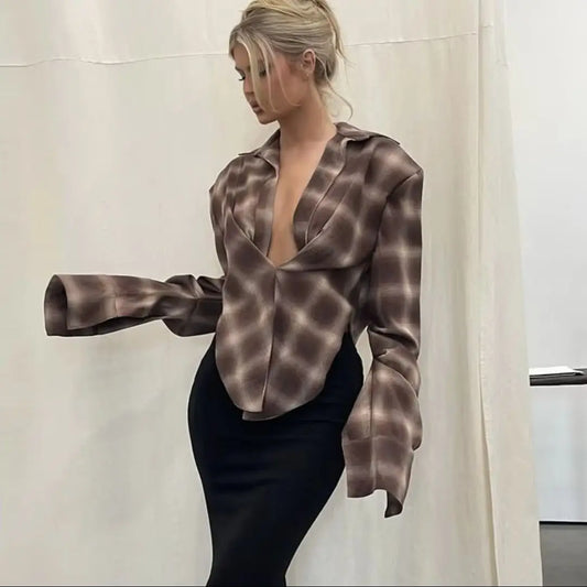 Women Sexy Blouses Vintage Contrast Plaid V-Neck Slim Shirt Top Fashion Y2k Party Look New High Waisted Female Shirt Top
