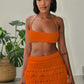 Crochet 2 Piece Set Woman Sexy Beach Vacation Backless Bandage Halter Camisole+Tassel Skirts Party Matching Clubwear