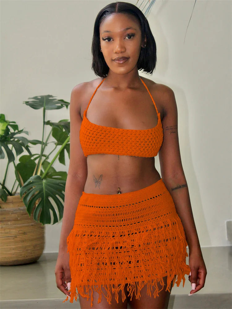 Crochet 2 Piece Set Woman Sexy Beach Vacation Backless Bandage Halter Camisole+Tassel Skirts Party Matching Clubwear