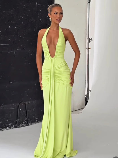 Patchwork Dress Women Backless Halter Deep V-Neck Ribbon Peach Buttock Pleated Solid Midnight Clubwear Party Vestidos