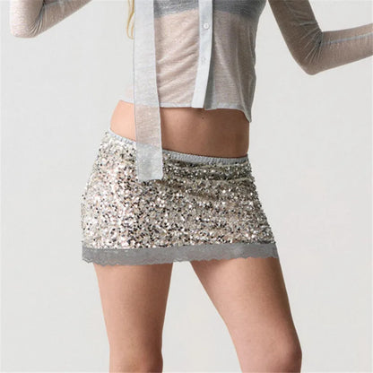 Women Y2K Sequin Mini Skirt Lace Trim Elastic Waist Low Rise Bodycon Micro Short Skirt Club Party Festival Skirts
