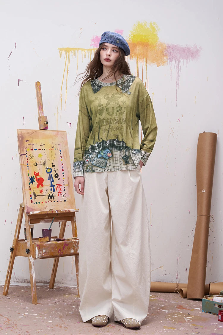 Plaid Patchwork Fake Two-Piece Sweatshirt with Star Print for Women