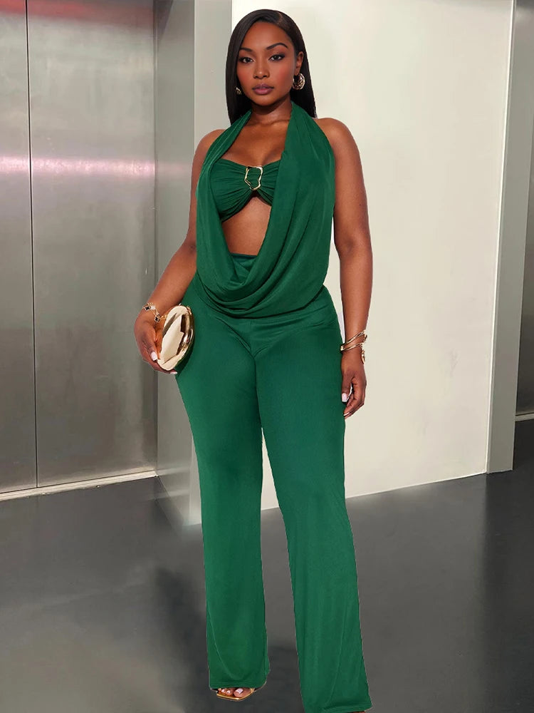 Backless Women Jumpsuit+Bra Tops Sexy Swing Collar Hollow Midnight Workout Clubwear Simple Stretch Skinny Overalls