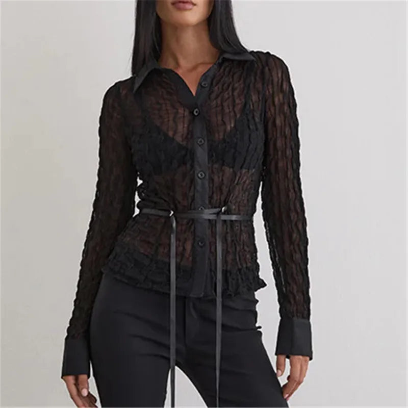 Women Y2K Shirt Long Sleeve Shirts Blouse Button-down Stripes Fall Spring Sheer See Through Tops Vintage Streetwear