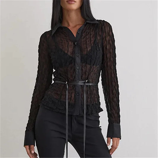 Women Y2K Shirt Long Sleeve Shirts Blouse Button-down Stripes Fall Spring Sheer See Through Tops Vintage Streetwear