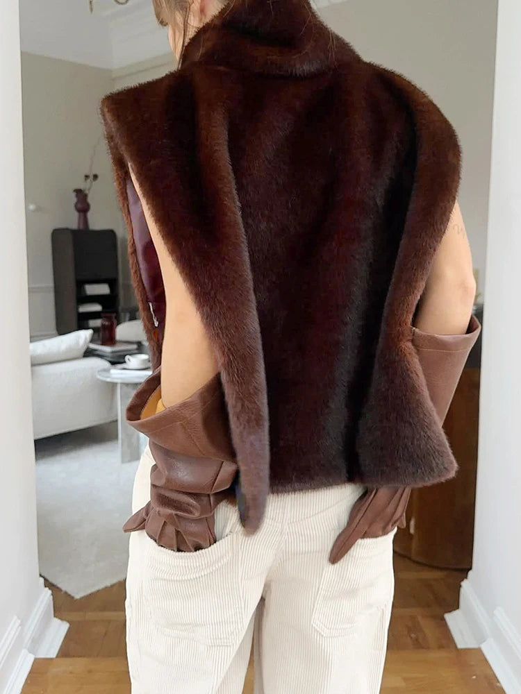 Furs Punk Furry Tank Tops Women Side Slits Stand Collar Simple Wild Sexy Hottie Street Midnight Club Vest  Outwear