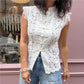 Lace Sleeveless Top Women Mandarin Collar Cap Sleeve Hollow Floral Lace Shirt Frog Buttons Slim Cropped Split Front Tops