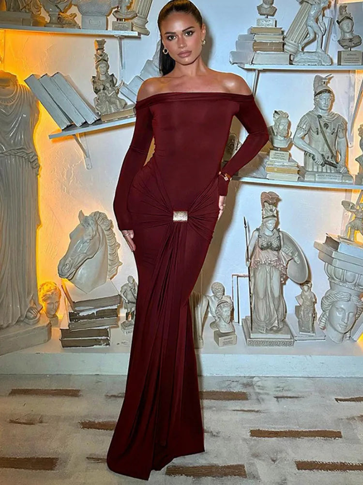 Off-shoulder Long Sleeve Sexy Maxi Dress For Women Fashion Strapless Backless Draped Bodycon Club Party Long Dress