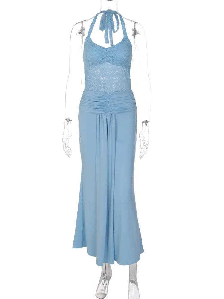 Women Halter Lace Mesh Bodycon Sexy Maxi Dress Elegant Ruched Front Split Long Dress Evening Party Club Formal Dress
