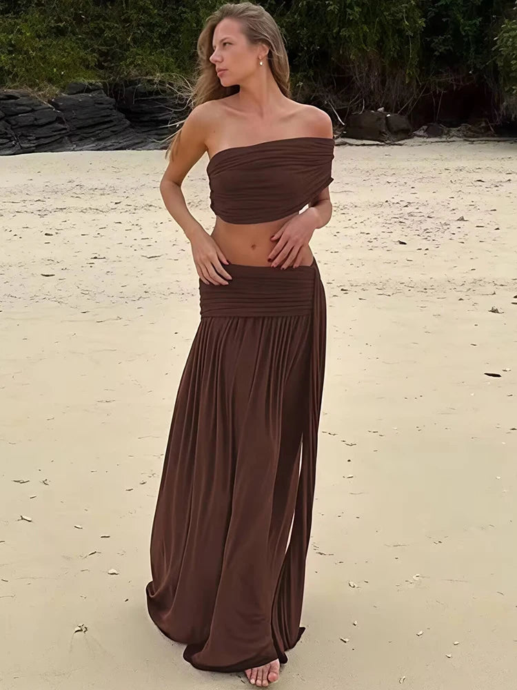 Women 2 Piece Set Elegant Strapless Crop Top And High Waist Split Maxi Skirt Sets Female Ruched Beach Club Party Sets