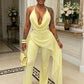 Backless Halter Jumpsuit Women Fashion Simple Bandages Ruched Mesh Ribbon Patchwork Sleeveless Chic Party Streetwear