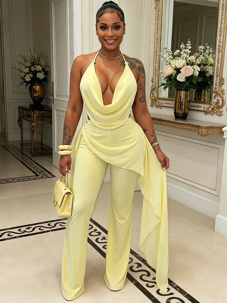 Backless Halter Jumpsuit Women Fashion Simple Bandages Ruched Mesh Ribbon Patchwork Sleeveless Chic Party Streetwear