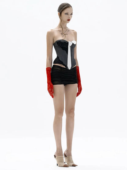 Sleeveless Fashion PU Patchwork Tank Top Women Sexy Trend Tie Irregular Hem Coquette Midnight Party Club Skinny Vests