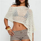 Women Knitted Poncho Loose See Through Boat Neck Off Shoulder Asymmetrical Crop Coverup Tops Summer Beachwear