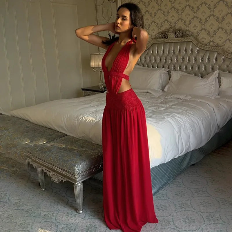 Lace-up Halter Neck Backless Maxi Dresses for Woman Sexy Red Evening Dress Birthday Gown Summer 2026