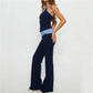 Women Two Piece Outfits Summer Scoop Neck Sleeveless Contrast Color Slim Fit Halter Tops with High Waisted Pants Set