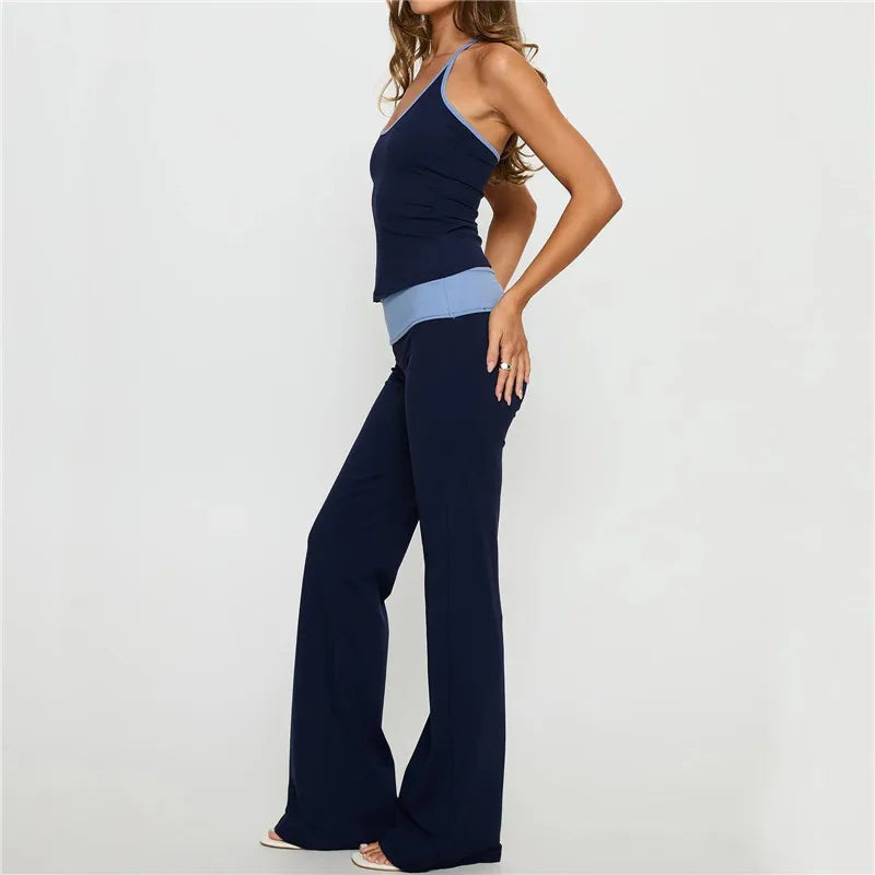 Women Two Piece Outfits Summer Scoop Neck Sleeveless Contrast Color Slim Fit Halter Tops with High Waisted Pants Set