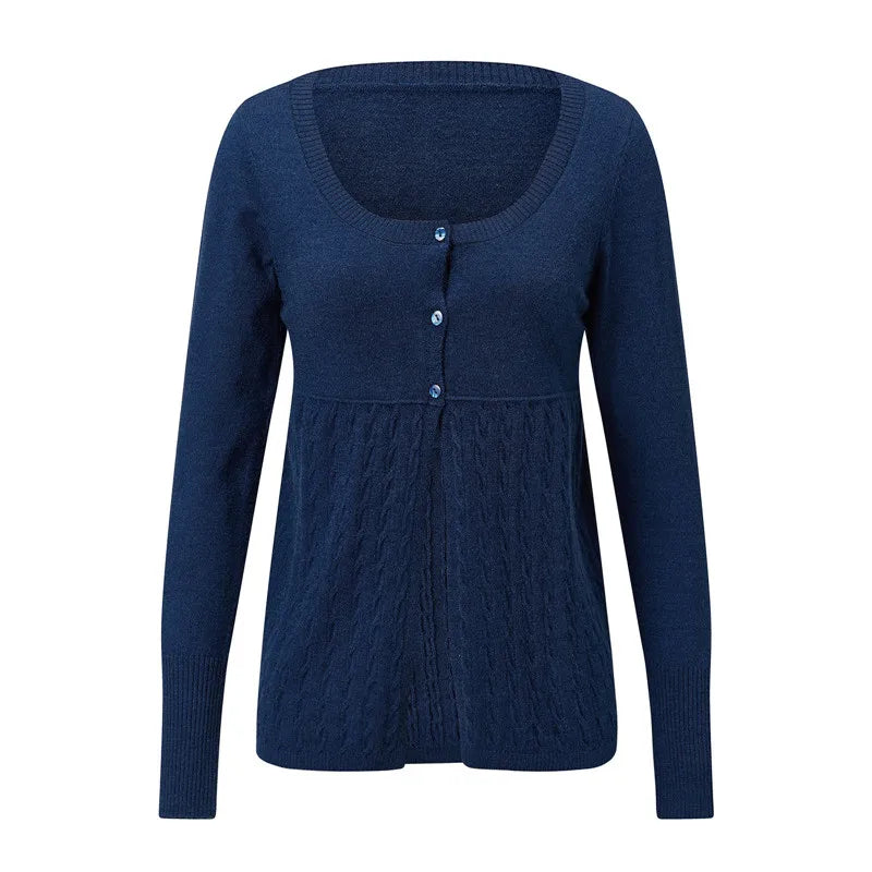 Women Fall Daily Cable Knit Cardigan U Neck Striped Single Breasted Button Front Long Sleeve Lightweight Knit Outer Top