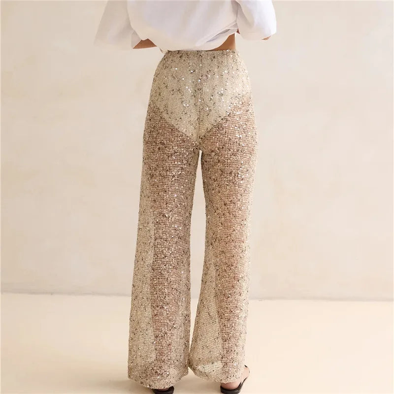 Sequin Mesh Wide Leg Pants Women High Waist See Through Sheer Elastic Waist Beachwear Trousers For Summer Vacation