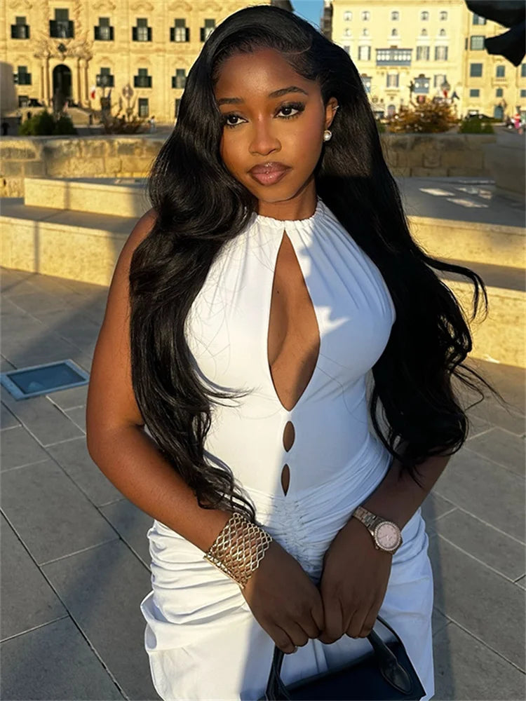 Sexy Hollow Dress Women Lace-Up Halter Sleeveless Ruched Elegant Robe Hottie Skinny Stretch Streetwear Long Bodycon